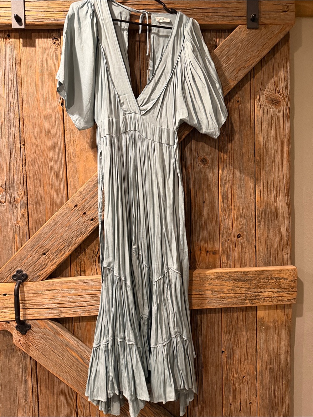 Storia light teal colored  V-Neck Tiered Maxi Dress with ties in the back